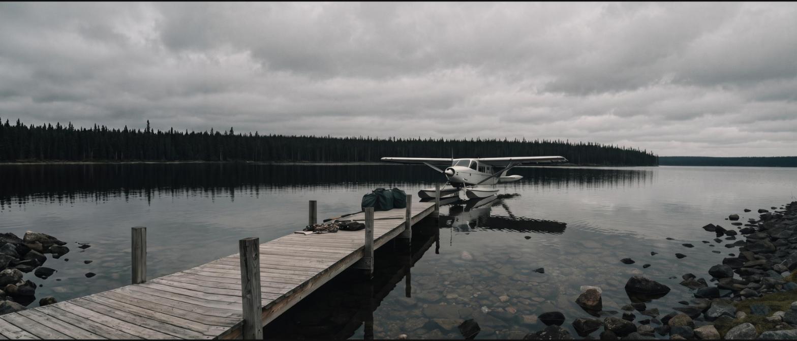 A float plane tied at a wooden dock on a remote northern lake under grey overcast sky