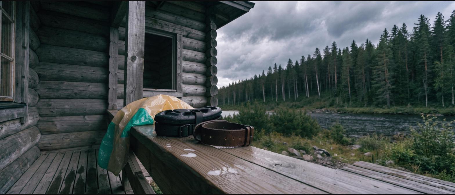 Wet gear drying on a cabin porch rail: a rain jacket, a black moulded sheath, and a darkened curled leather belt